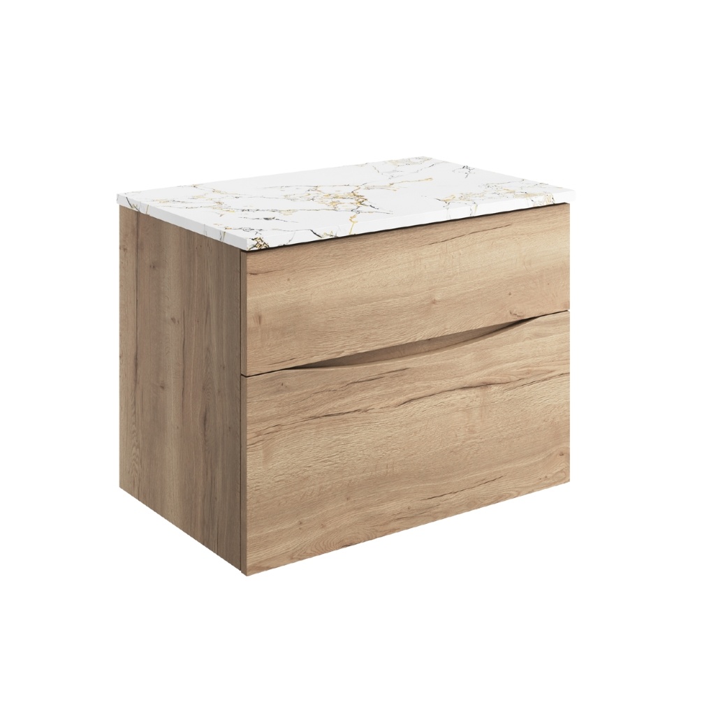 Product Cut out image of the Crosswater Glide II Windsor Oak 700mm Double Drawer Unit with Gold Vein Worktop